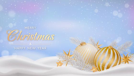 雪地里金色圣诞球圣诞节背景/壁纸矢量素材(EPS)