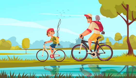 骑自行车外出郊游的父子矢量素材(EPS)