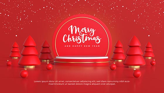 红色喜庆的圣诞快乐和新年快乐舞台素材(PSD)