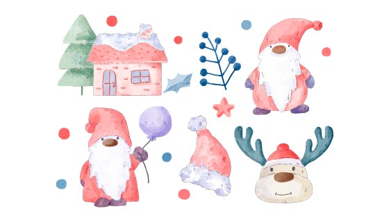 水彩风格圣诞老人等圣诞元素矢量素材(EPS/PNG)