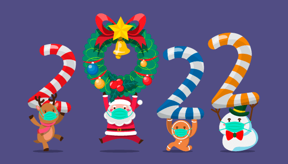 带着口罩庆祝圣诞和2022新年快乐矢量素材(EPS/PNG)