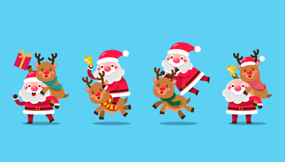 正在和圣诞驯鹿嬉戏的圣诞老人矢量素材(EPS/PNG)