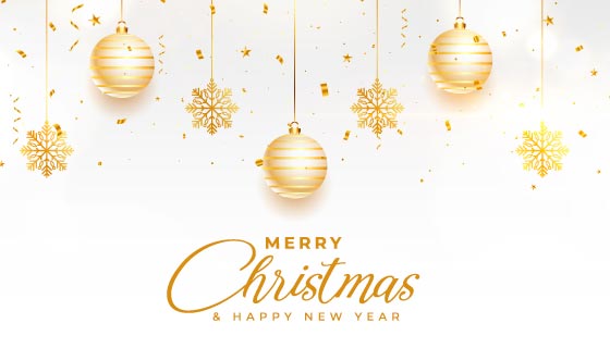 金色雪花和圣诞球吊坠设计圣诞节背景矢量素材(EPS)
