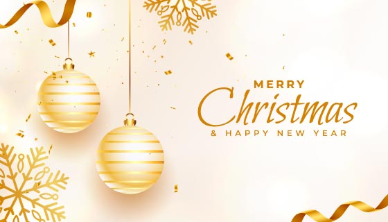 金色雪花和圣诞球吊坠设计圣诞节背景矢量素材(EPS)