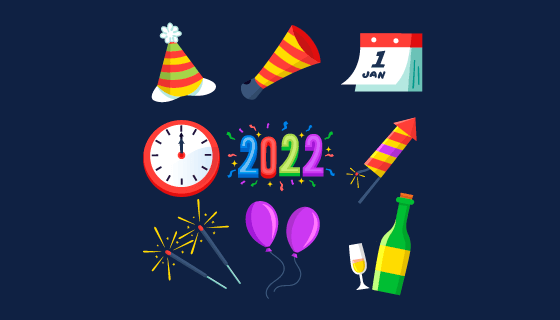 九个扁平风格的2022新年元素矢量素材(AI/EPS/PNG)