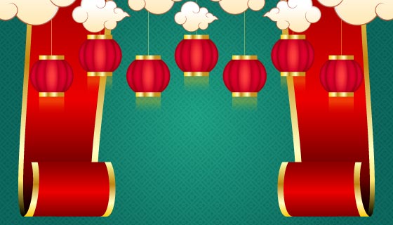 灯笼和彩带设计新年快乐背景矢量素材(EPS)