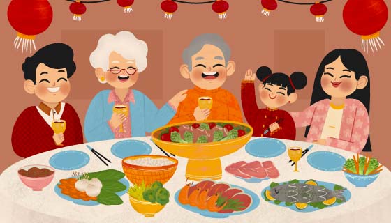 一家人在一起开心的吃年夜饭矢量素材(AI/EPS)