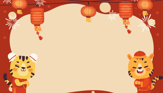 两只小老虎和灯笼设计春节背景矢量素材(AI/EPS)