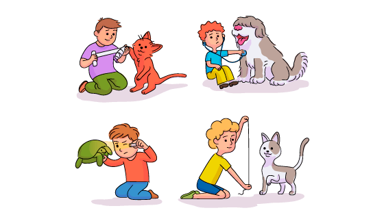 正在照顾宠物的小男孩矢量素材(EPS)