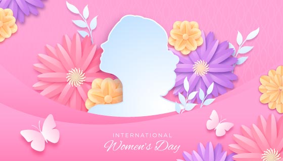 女生头像剪影和多彩花卉设计女神节背景矢量素材(AI/EPS)