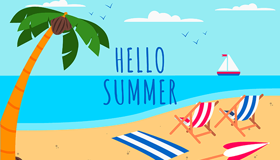 扁平夏日海滩背景矢量素材(EPS/AI)