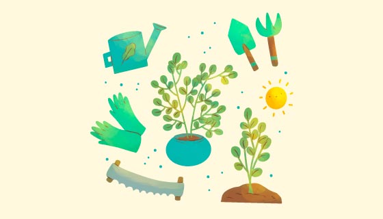 水彩风格植树节植树工具矢量素材(AI/EPS/PNG)