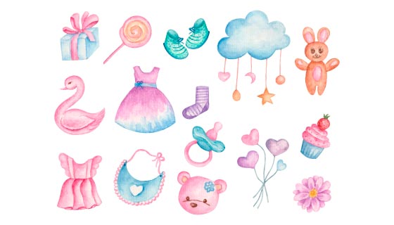 水彩风格婴儿玩具矢量素材(EPS/PNG)