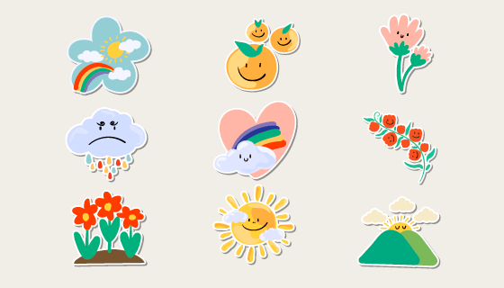 九个可爱的自然涂鸦贴纸矢量素材(EPS/PNG)
