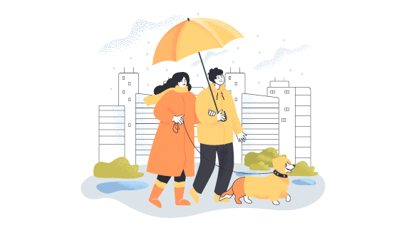 撑着雨伞遛狗的夫妻矢量素材(EPS)