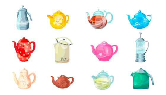 12种不同款式的茶壶水壶矢量素材(EPS/PNG)