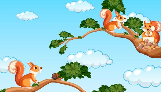 在树上吃坚果的松鼠矢量素材(EPS)