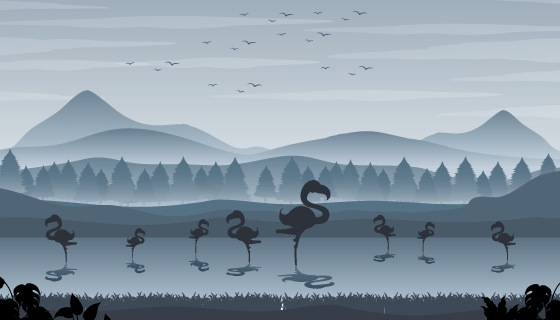 湖里单脚站立的火烈鸟矢量素材(EPS)