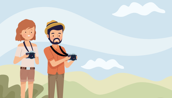 在野外旅游拍照的情侣矢量素材(EPS)