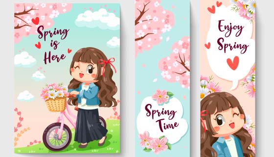 春天里甜美的女孩插画矢量素材(EPS)