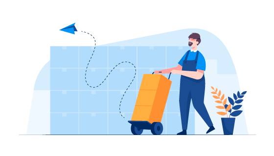 正在用小推车送货的快递员插画矢量素材(EPS)