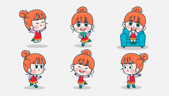 扎着丸子头的可爱小女孩矢量素材(EPS/PNG)