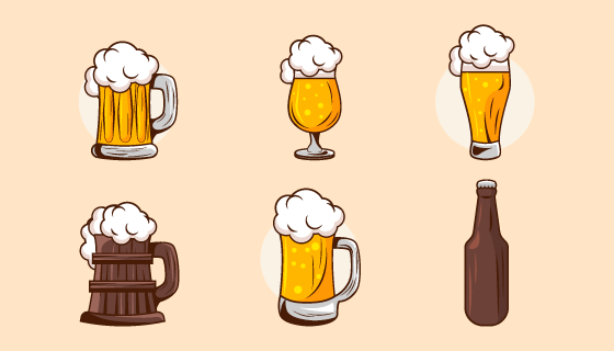 六个不同容器装着的啤酒矢量素材(EPS)