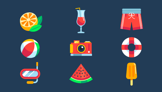 九个扁平风格的夏天元素矢量素材(AI/EPS/PNG)