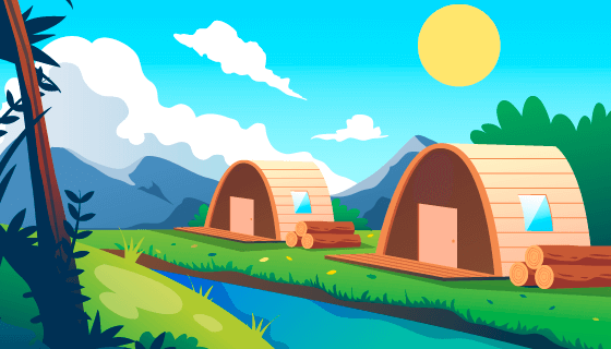 野外河边的两间小木屋矢量素材(AI/EPS)