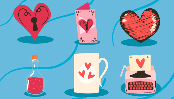 漂流瓶爱心锁等六个爱情元素矢量素材(EPS)