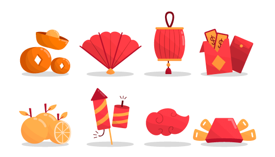 红包元宝灯笼等八个新年元素矢量素材(EPS/PNG)