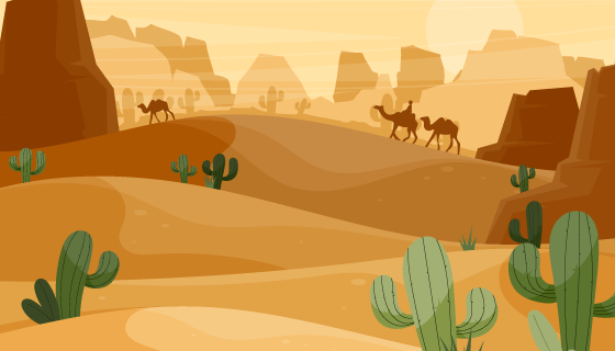 沙漠上的骆驼商队和仙人掌矢量素材(AI/EPS)