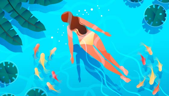 夏天女子在有鱼的水里游泳矢量素材(AI/EPS)