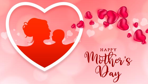 母子剪影和爱心设计母亲节快乐背景矢量素材(EPS)