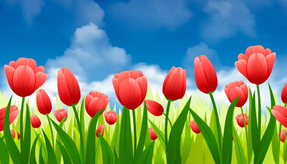 蓝色天空下的红色玫瑰花矢量素材(EPS)