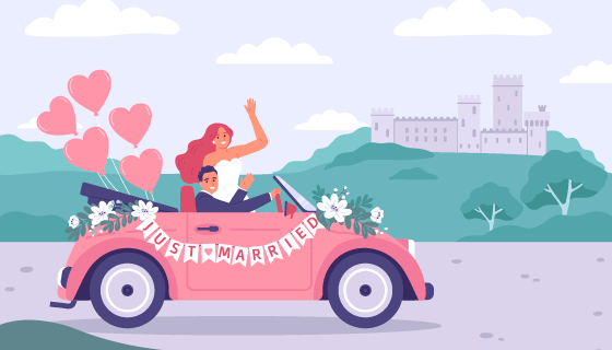 开车婚车旅行的新婚夫妻矢量素材(EPS)