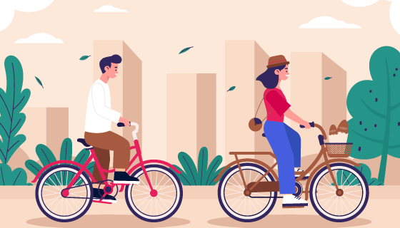 在城市道路上骑自行车的年轻人矢量素材(AI/EPS)