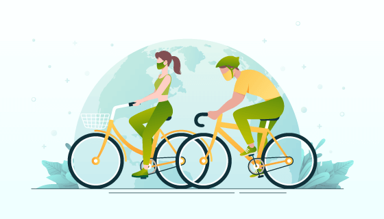 带着口罩骑自行车的年轻人插画矢量素材(AI/EPS)