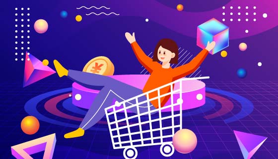 坐在购物车上的开心购物的女子矢量素材(EPS)