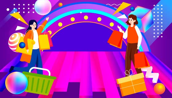 开心购物的女子设计购物节背景矢量素材(EPS)