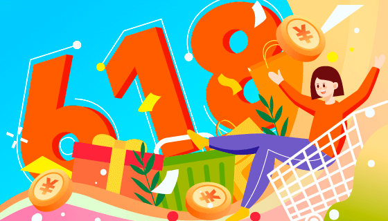 坐在购物车里的女子设计618购物节背景矢量素材(EPS)