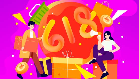 开心购物的人们618购物节背景矢量素材(EPS)