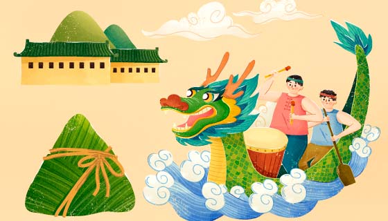 龙舟粽子古房子等端午节元素矢量素材(EPS)