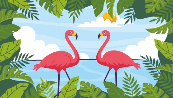 对视的火烈鸟和热带植物夏季背景矢量素材(AI/EPS)