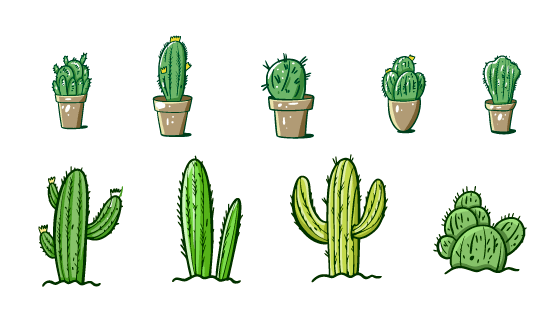 九个手绘风格的仙人掌/仙人球矢量素材(EPS/PNG)