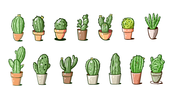 14个手绘风格的仙人掌/仙人球盆栽矢量素材(EPS/PNG)