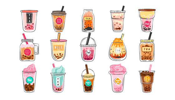 15种手绘风格的珍珠奶茶矢量素材(EPS/PNG)