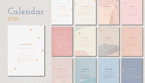 星星和爱心设计2022年日历矢量素材(EPS)