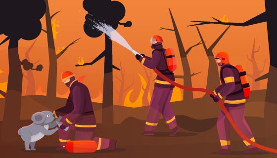 奋力扑灭森林火灾的消防员矢量素材(EPS)