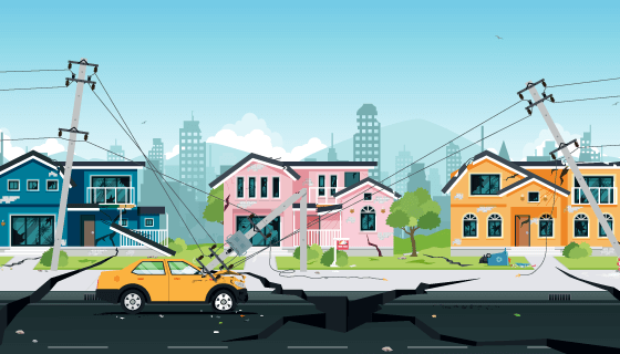 地震后破损的道路和房屋矢量素材(EPS)